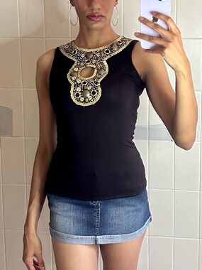 Cache Black Sleeveless Tank with Gold Beaded Neckline